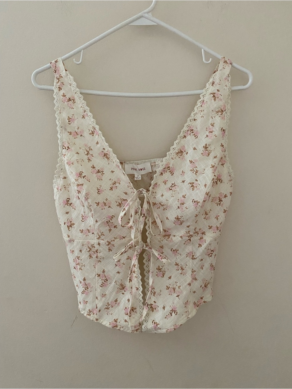 Pink Rose Cream Cotton Floral Lace-Trim Tie-Front Camisole